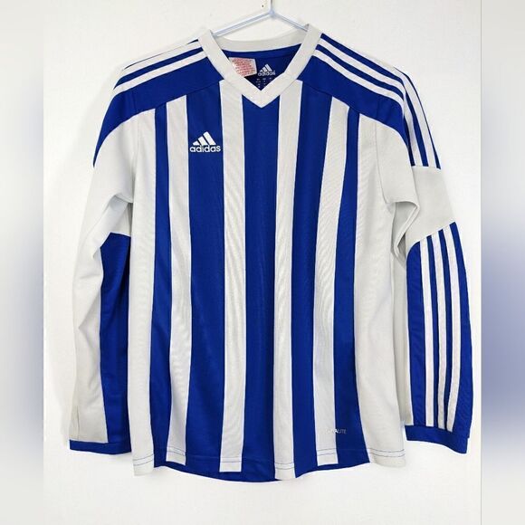 Adidas Juniors striped jersey blue white M 11-12Y - Picture 1 of 5